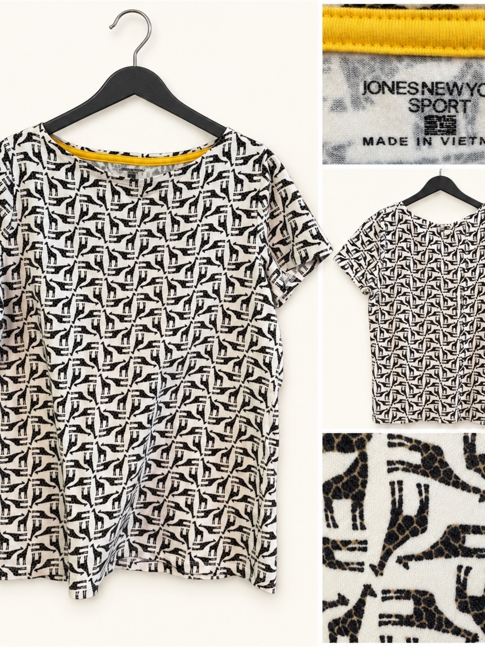 Jones New York Black & White Giraffe-Print Short Sleeve Tee with Yellow Trim